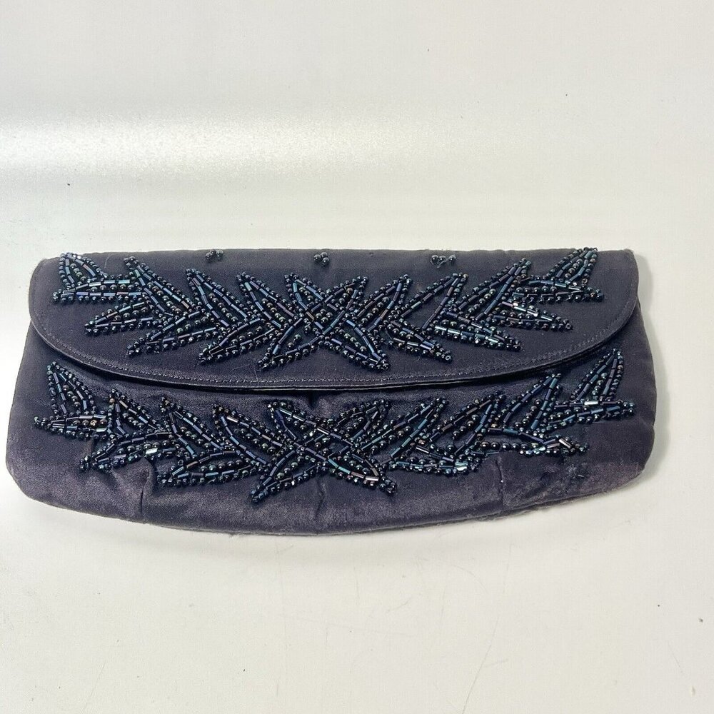 Soure Bag Handbag Purse Beads on Canvas Blue Beaded Vintage Clutch